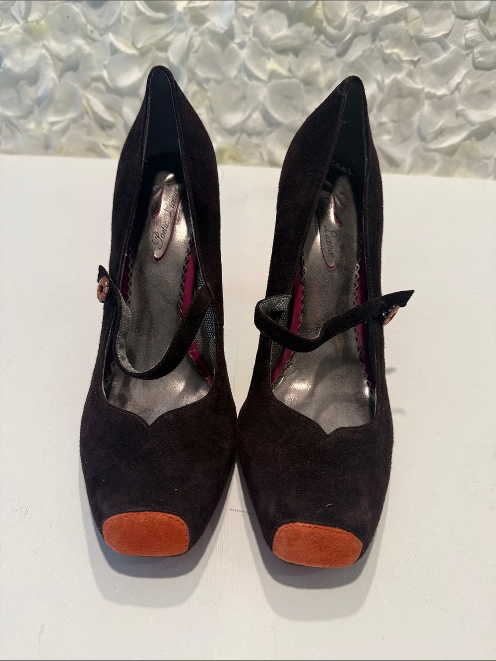 Poetic License Black Suede Mary Jane Heels with Orange Toe Caps